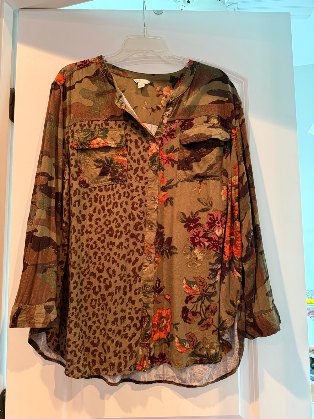 Cato Olive Mixed-Print Button-Down Shirt with Floral & Leopard Accents
